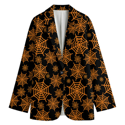 Black And Orange Spider Web Print Women's Cotton Blazer