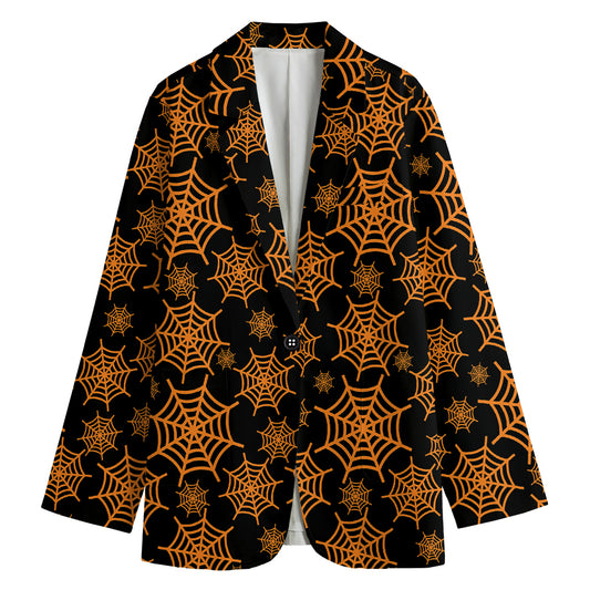 Black And Orange Spider Web Print Women's Cotton Blazer