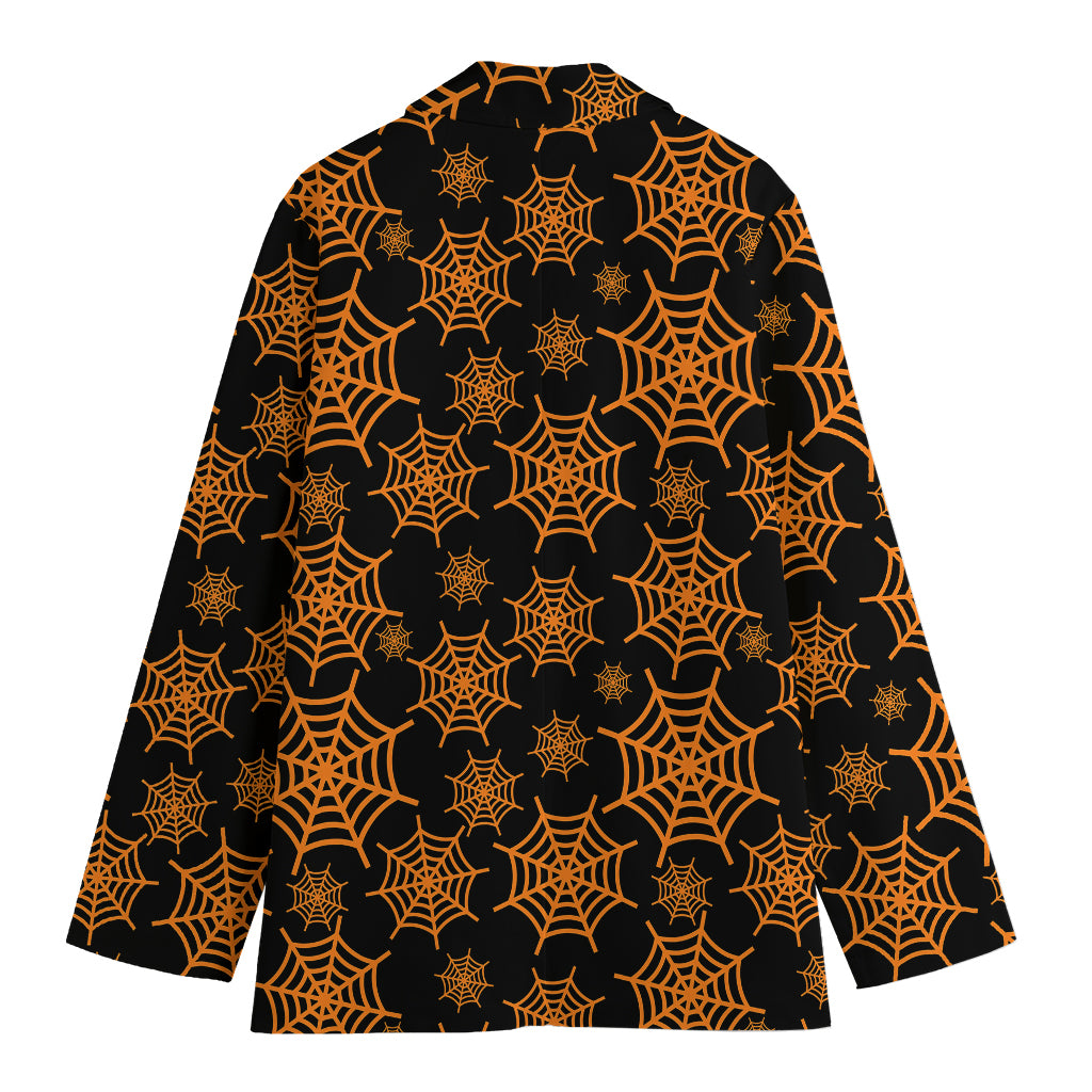Black And Orange Spider Web Print Women's Cotton Blazer