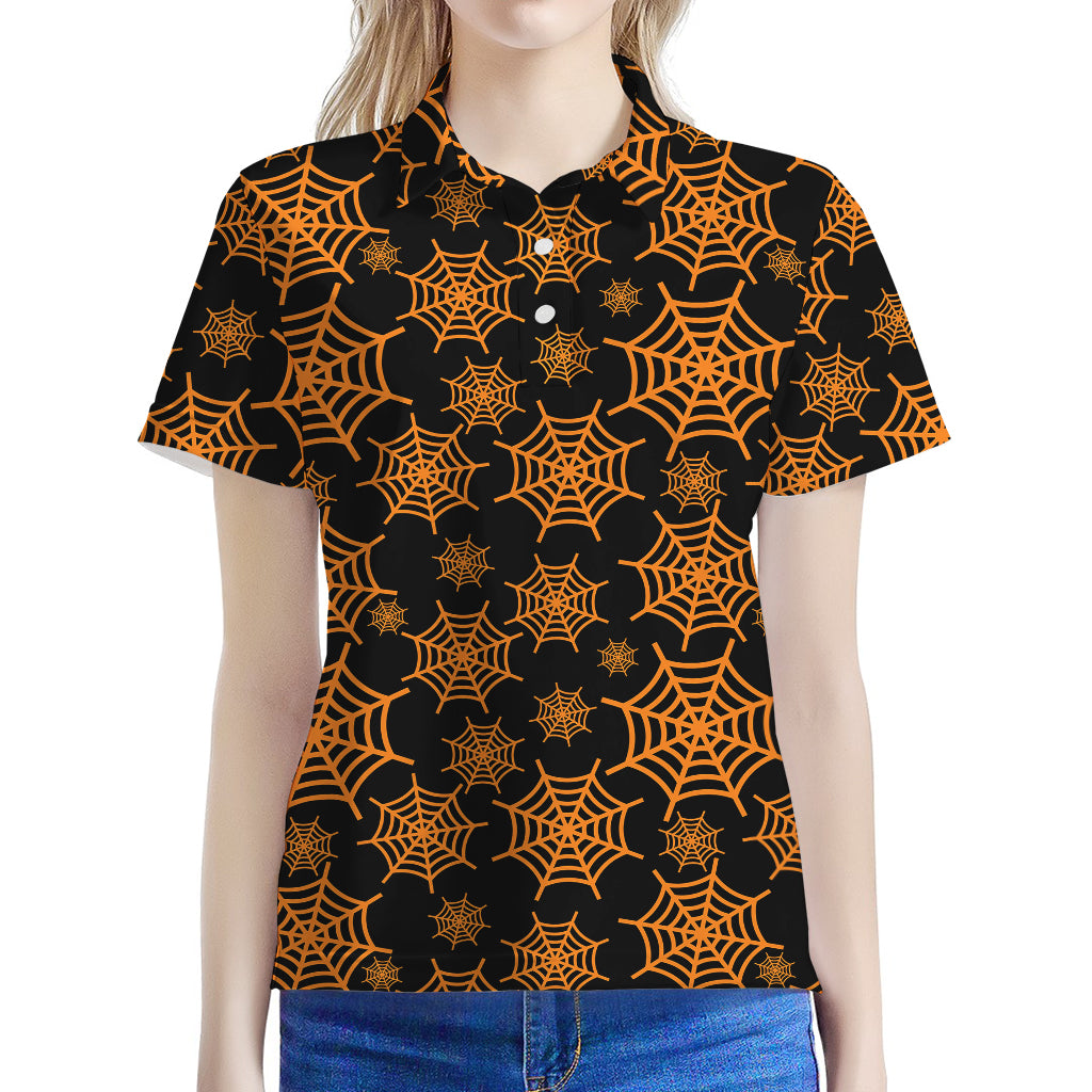 Black And Orange Spider Web Print Women's Polo Shirt