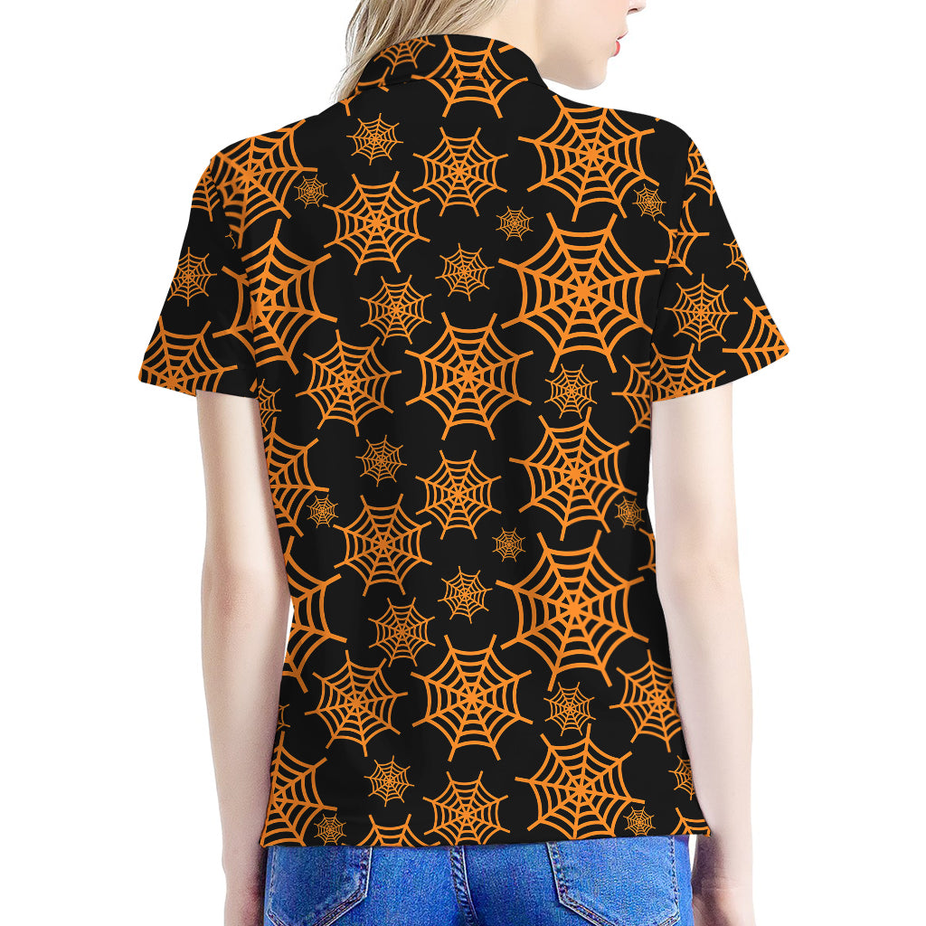 Black And Orange Spider Web Print Women's Polo Shirt