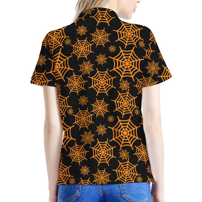 Black And Orange Spider Web Print Women's Polo Shirt