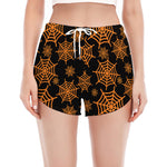 Black And Orange Spider Web Print Women's Split Running Shorts