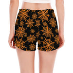 Black And Orange Spider Web Print Women's Split Running Shorts