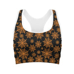 Black And Orange Spider Web Print Women's Sports Bra