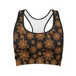 Black And Orange Spider Web Print Women's Sports Bra