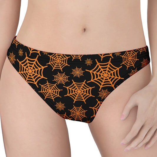 Black And Orange Spider Web Print Women's Thong