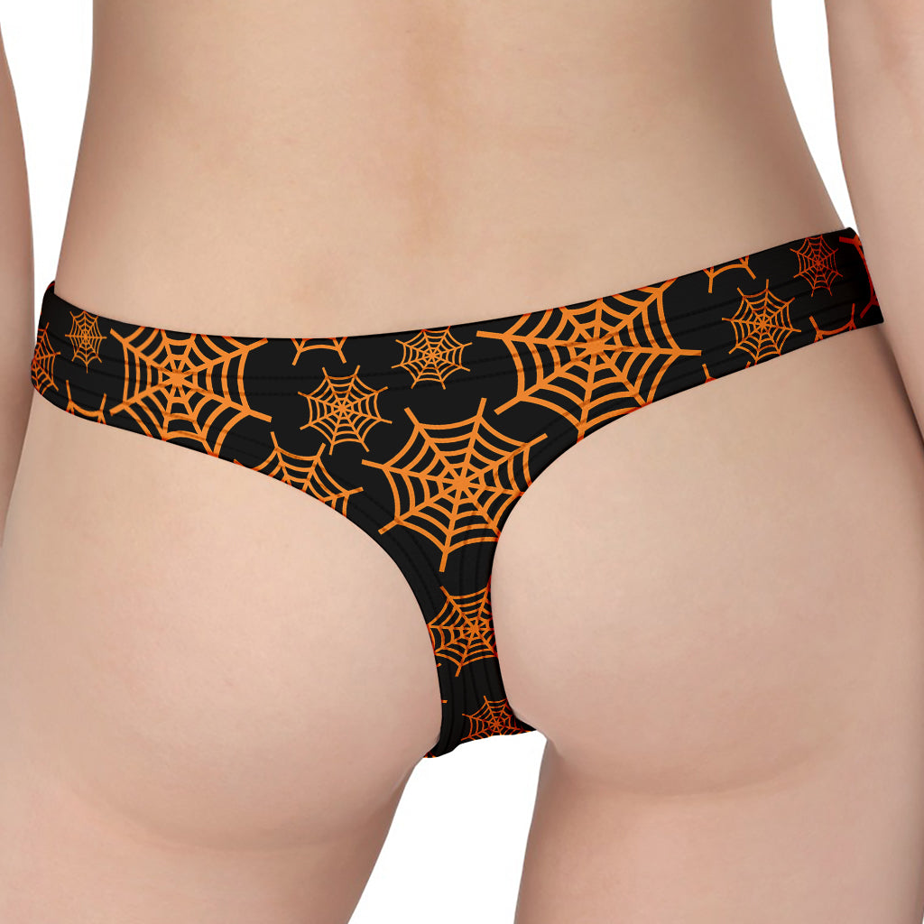 Black And Orange Spider Web Print Women's Thong