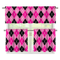 Black And Pink Argyle Pattern Print 3 Piece Kitchen Curtains