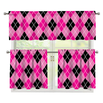 Black And Pink Argyle Pattern Print 3 Piece Kitchen Curtains