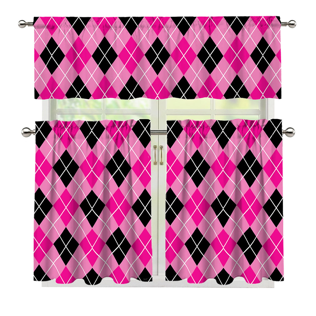 Black And Pink Argyle Pattern Print 3 Piece Kitchen Curtains
