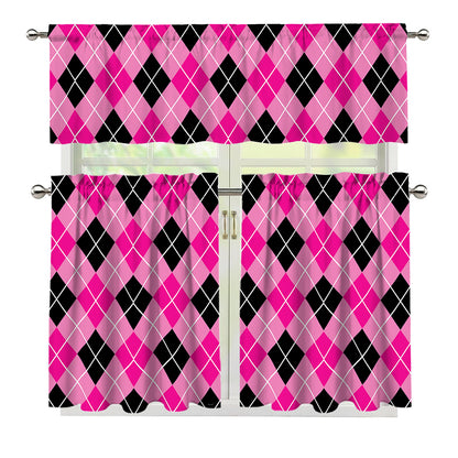 Black And Pink Argyle Pattern Print 3 Piece Kitchen Curtains