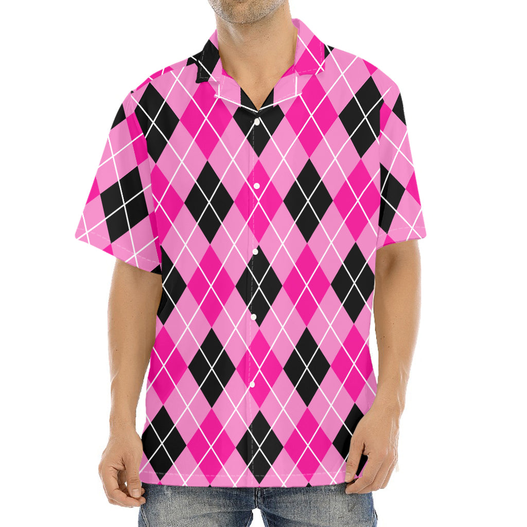 Black And Pink Argyle Pattern Print Aloha Shirt
