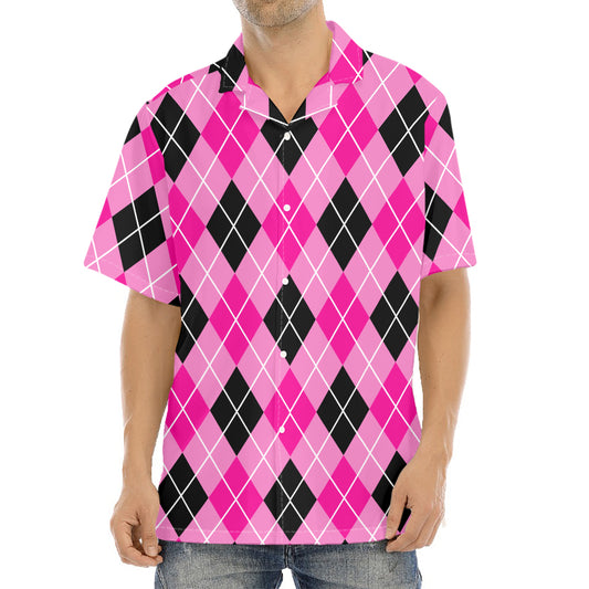 Black And Pink Argyle Pattern Print Aloha Shirt