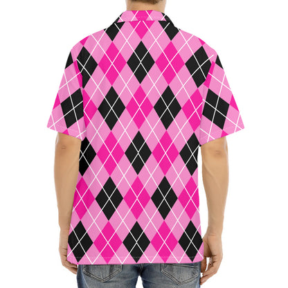 Black And Pink Argyle Pattern Print Aloha Shirt