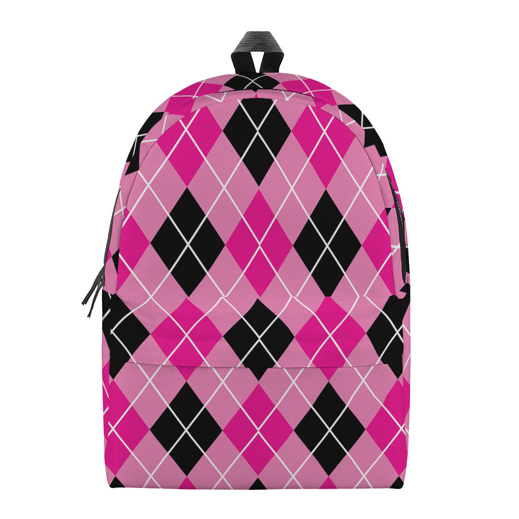 Black And Pink Argyle Pattern Print Backpack