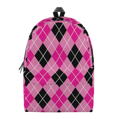 Black And Pink Argyle Pattern Print Backpack