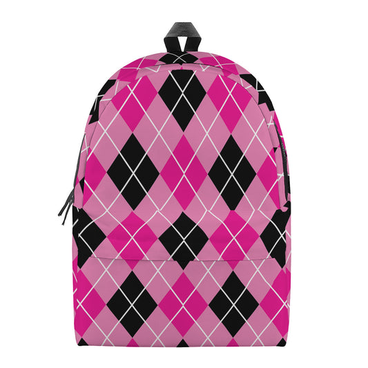 Black And Pink Argyle Pattern Print Backpack