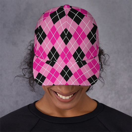 Black And Pink Argyle Pattern Print Baseball Cap
