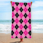 Black And Pink Argyle Pattern Print Beach Towel
