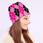 Black And Pink Argyle Pattern Print Beanie