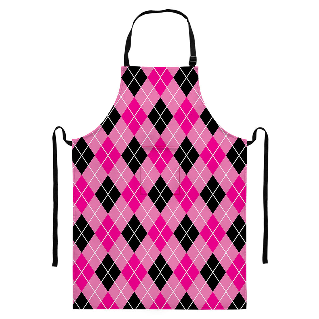 Black And Pink Argyle Pattern Print Bib Apron With Pocket