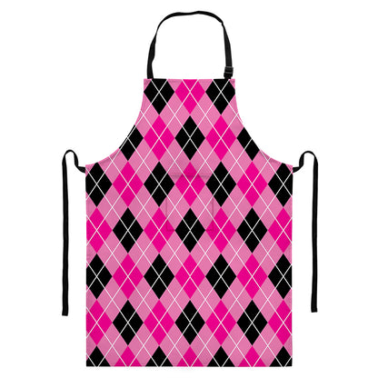 Black And Pink Argyle Pattern Print Bib Apron With Pocket