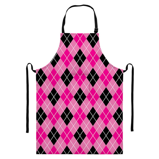 Black And Pink Argyle Pattern Print Bib Apron With Pocket