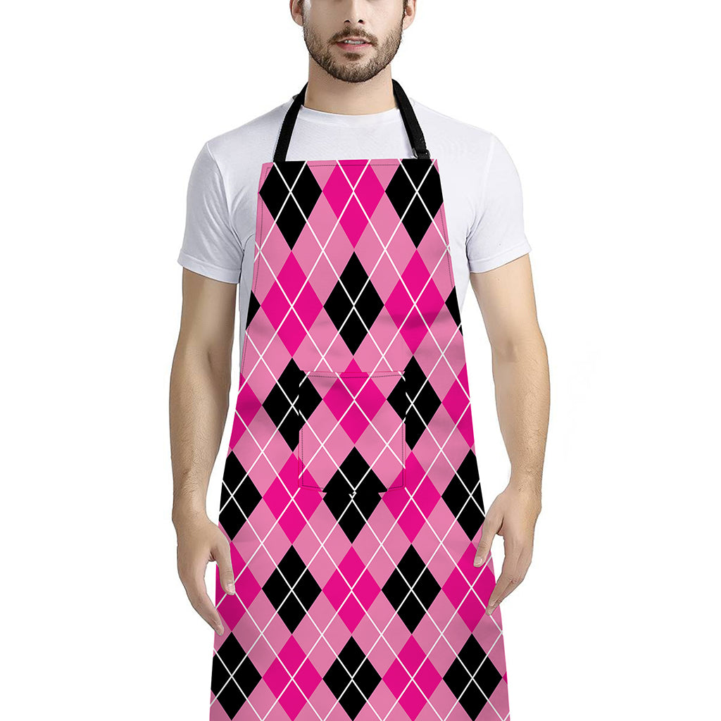 Black And Pink Argyle Pattern Print Bib Apron With Pocket