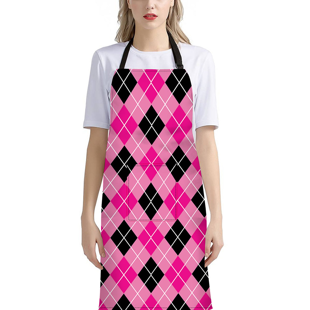 Black And Pink Argyle Pattern Print Bib Apron With Pocket