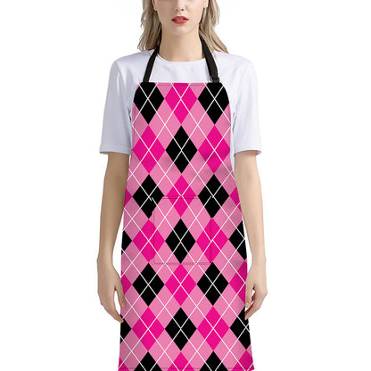 Black And Pink Argyle Pattern Print Bib Apron With Pocket