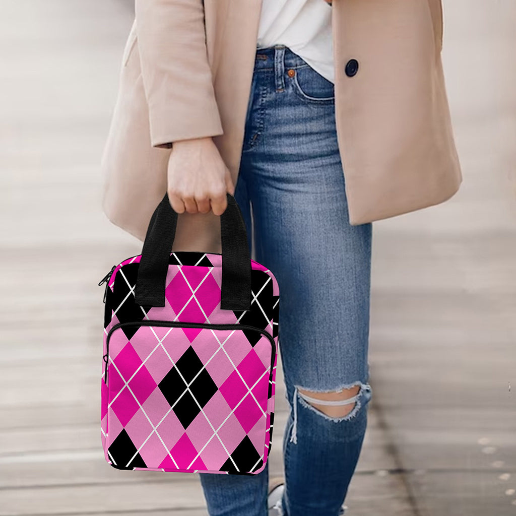 Black And Pink Argyle Pattern Print Bible Tote Bag