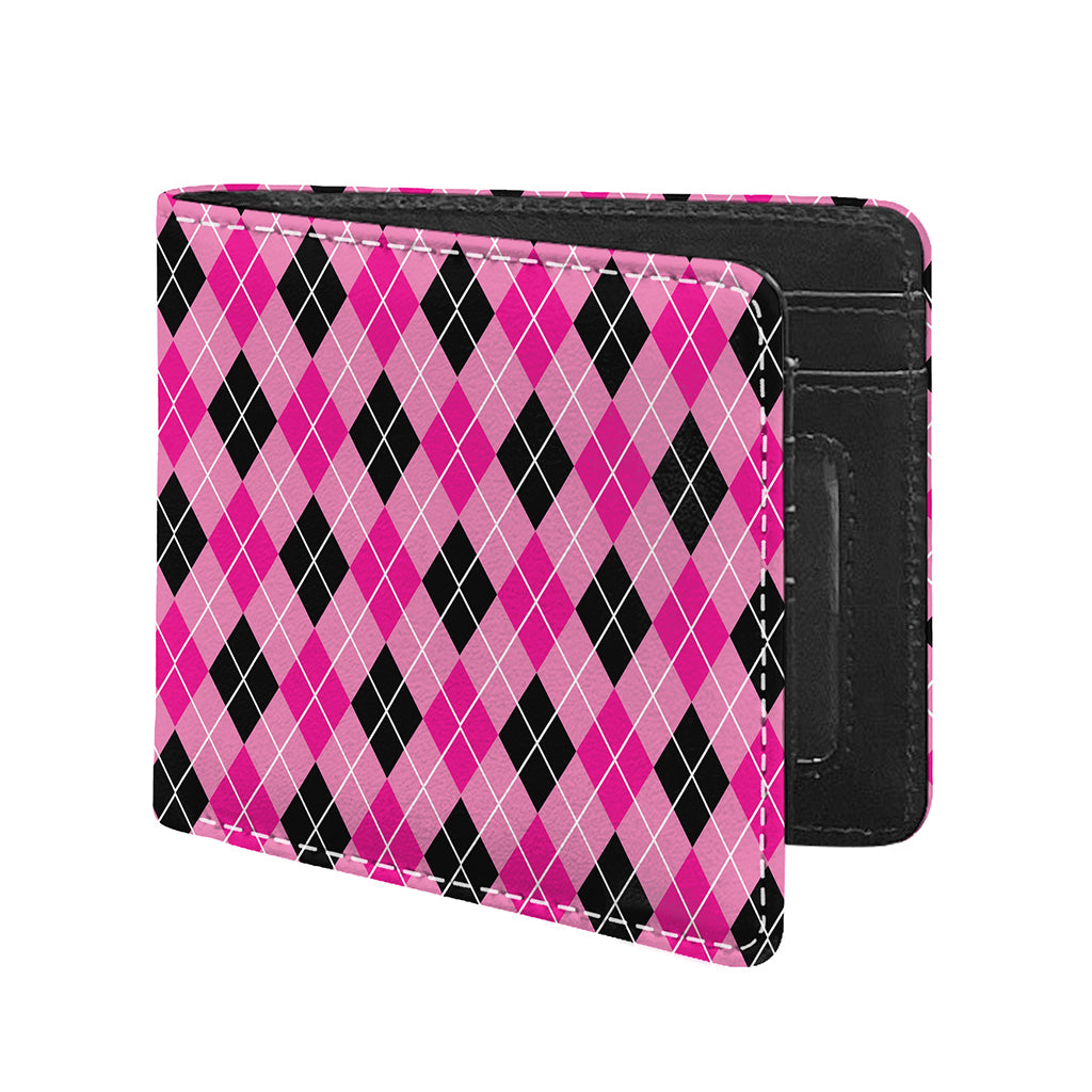 Black And Pink Argyle Pattern Print Bifold Wallet