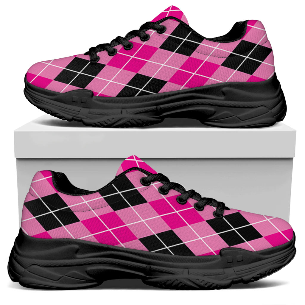 Black And Pink Argyle Pattern Print Black Chunky Shoes