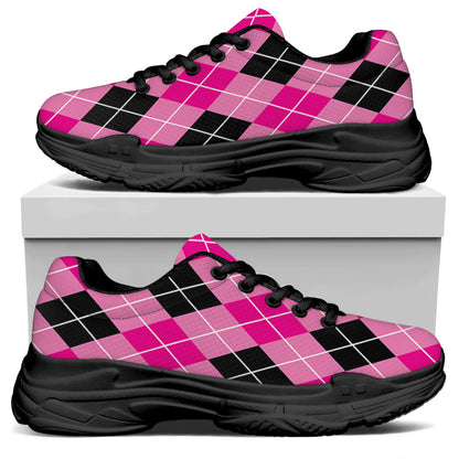 Black And Pink Argyle Pattern Print Black Chunky Shoes
