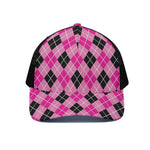 Black And Pink Argyle Pattern Print Black Mesh Trucker Cap