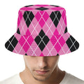 Black And Pink Argyle Pattern Print Bucket Hat