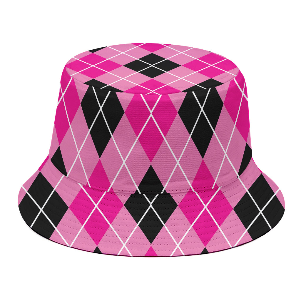 Black And Pink Argyle Pattern Print Bucket Hat