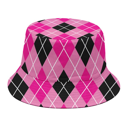 Black And Pink Argyle Pattern Print Bucket Hat