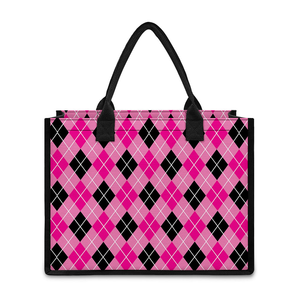 Black And Pink Argyle Pattern Print Canvas Tote Bag