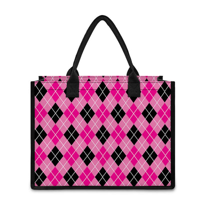 Black And Pink Argyle Pattern Print Canvas Tote Bag