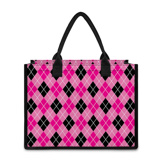 Black And Pink Argyle Pattern Print Canvas Tote Bag