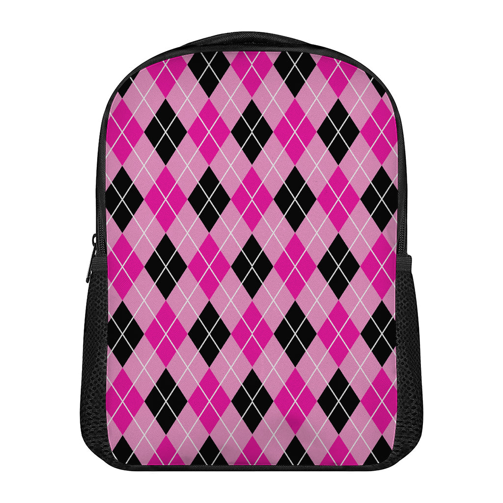 Black And Pink Argyle Pattern Print Casual Backpack