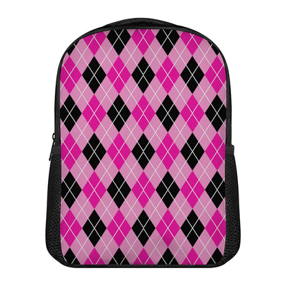 Black And Pink Argyle Pattern Print Casual Backpack