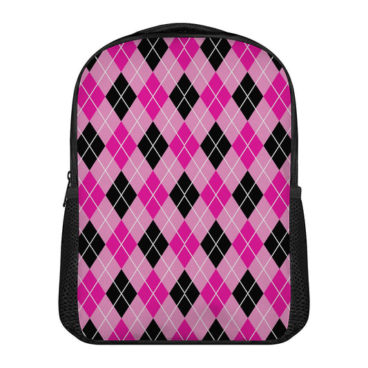 Black And Pink Argyle Pattern Print Casual Backpack