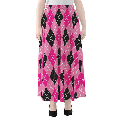 Black And Pink Argyle Pattern Print Chiffon Maxi Skirt