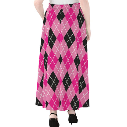 Black And Pink Argyle Pattern Print Chiffon Maxi Skirt