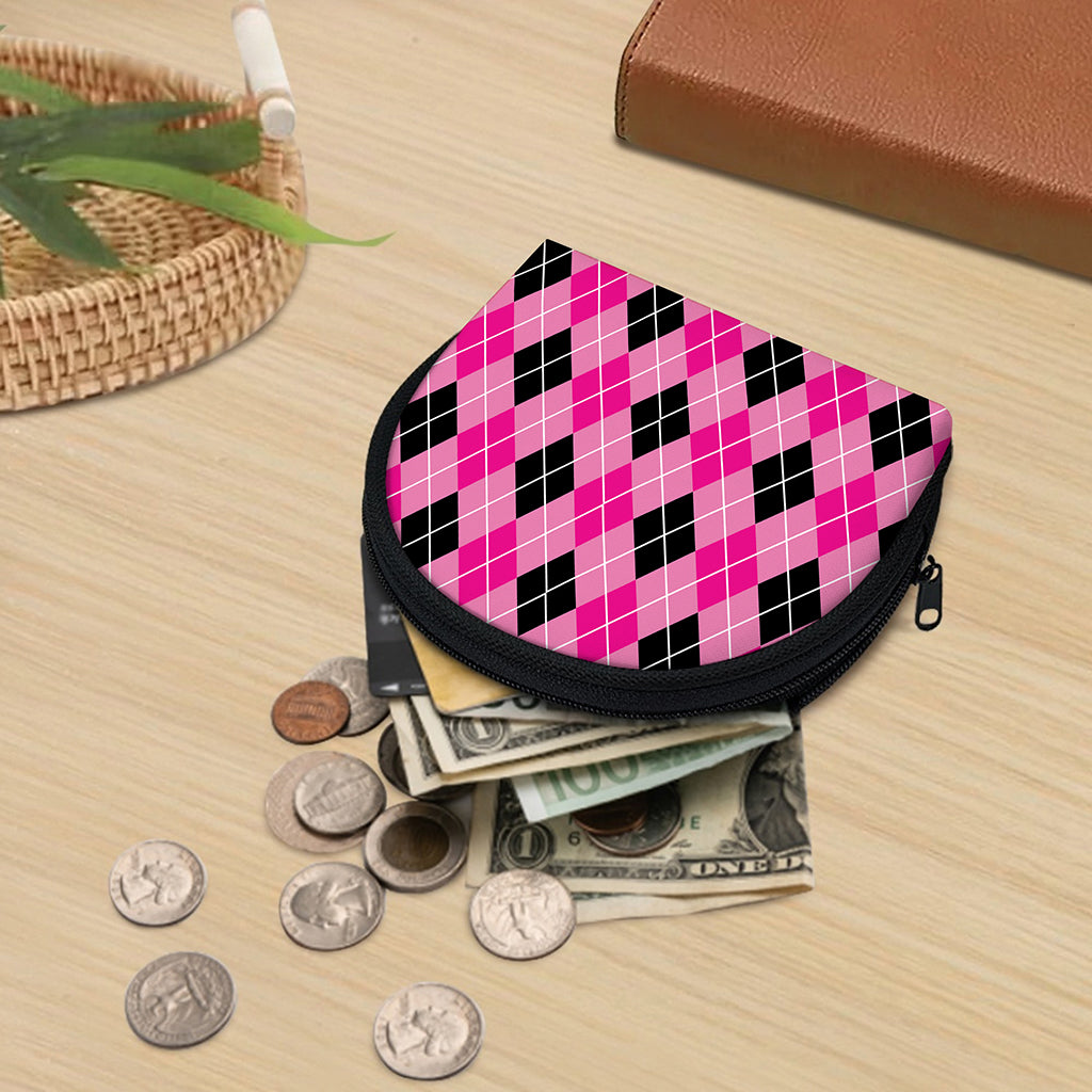 Black And Pink Argyle Pattern Print Coin Purse