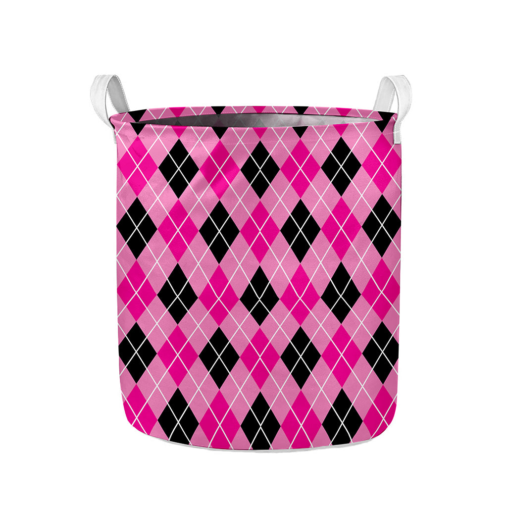 Black And Pink Argyle Pattern Print Collapsible Laundry Basket