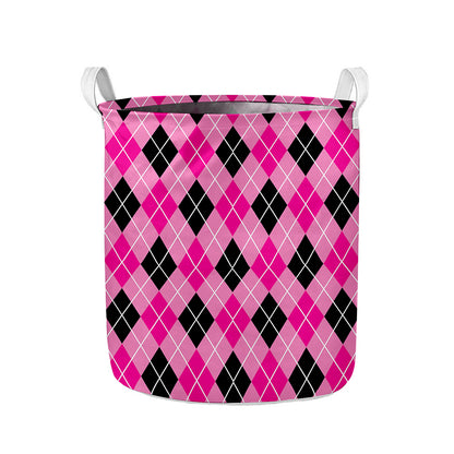 Black And Pink Argyle Pattern Print Collapsible Laundry Basket